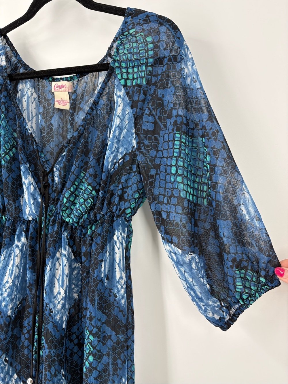 VTG Candie's Y2K Sheer Blue Dark Fairy 70’s Ruffle Romantic Dress Size Large - Picture 3 of 13